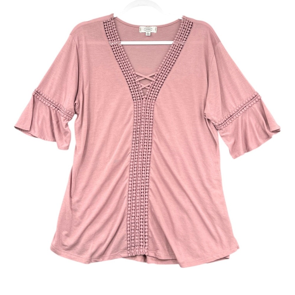 Shannon Ford New York Pink Lace Trim V Neck Bell Sleeve‎ Tunic Top XL